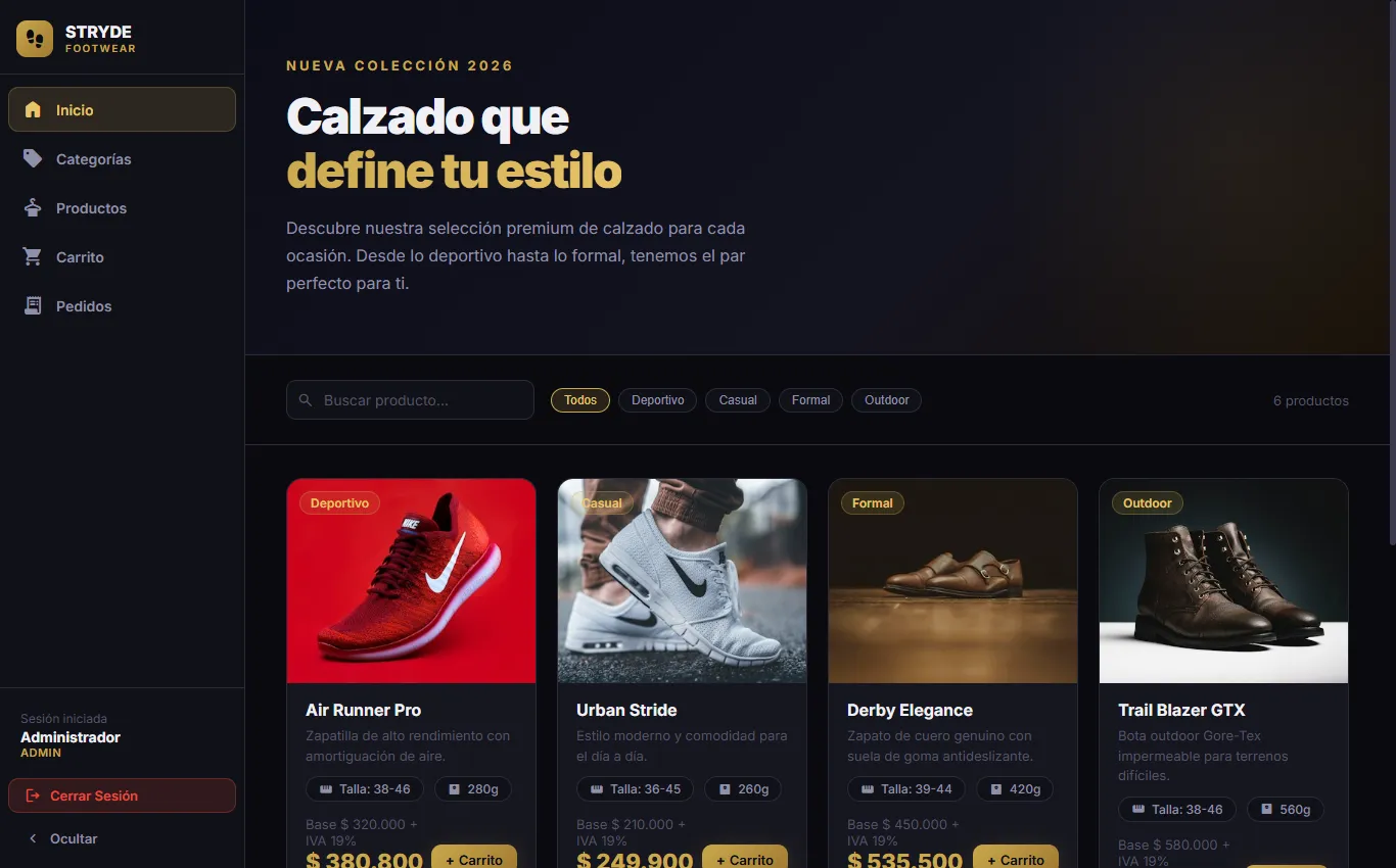 Catálogo de STRYDE con menú lateral, buscador, filtros por categoría y tarjetas de producto con precio base e IVA del 19 %.