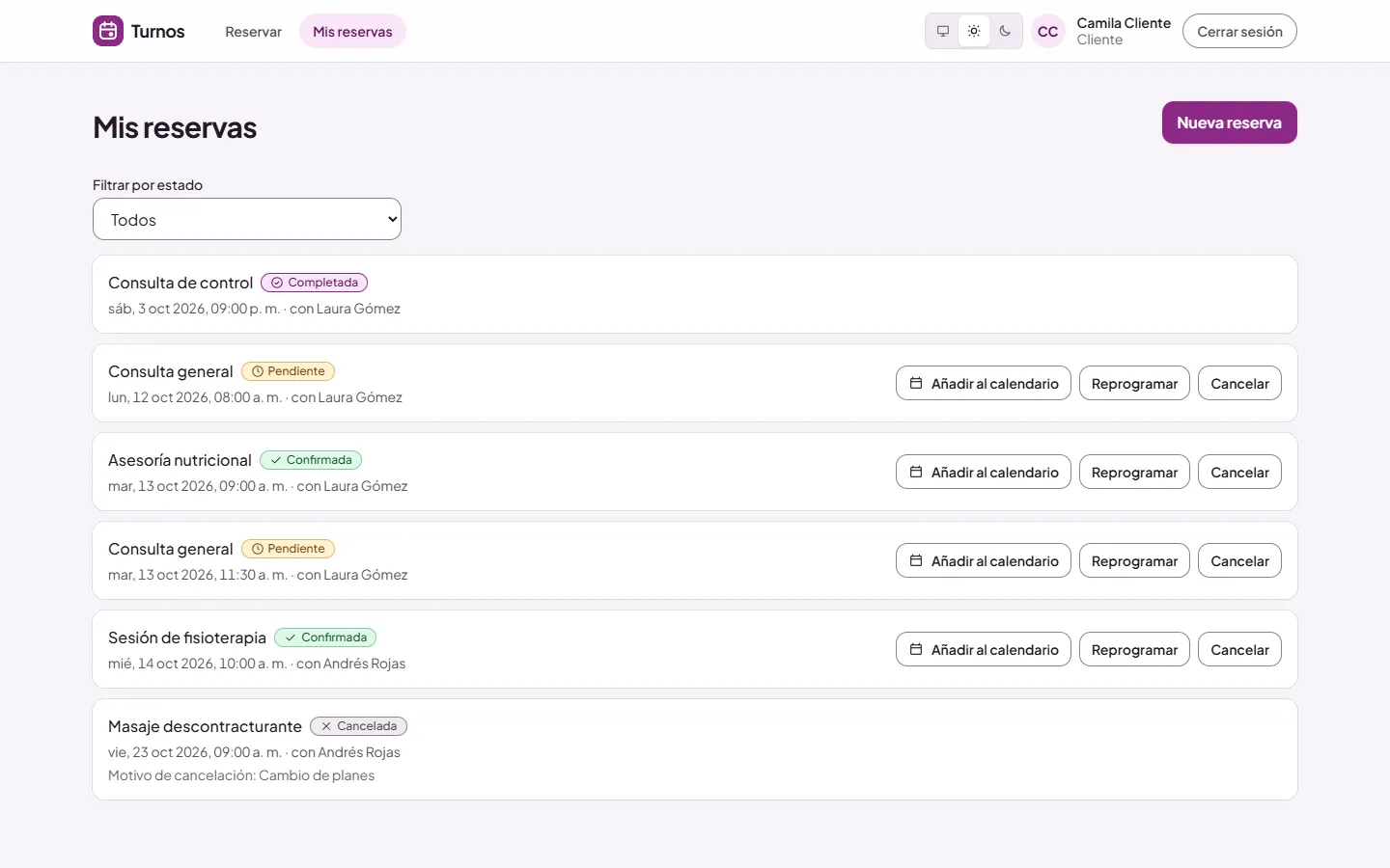 Lista de reservas del cliente con sus estados y acciones.