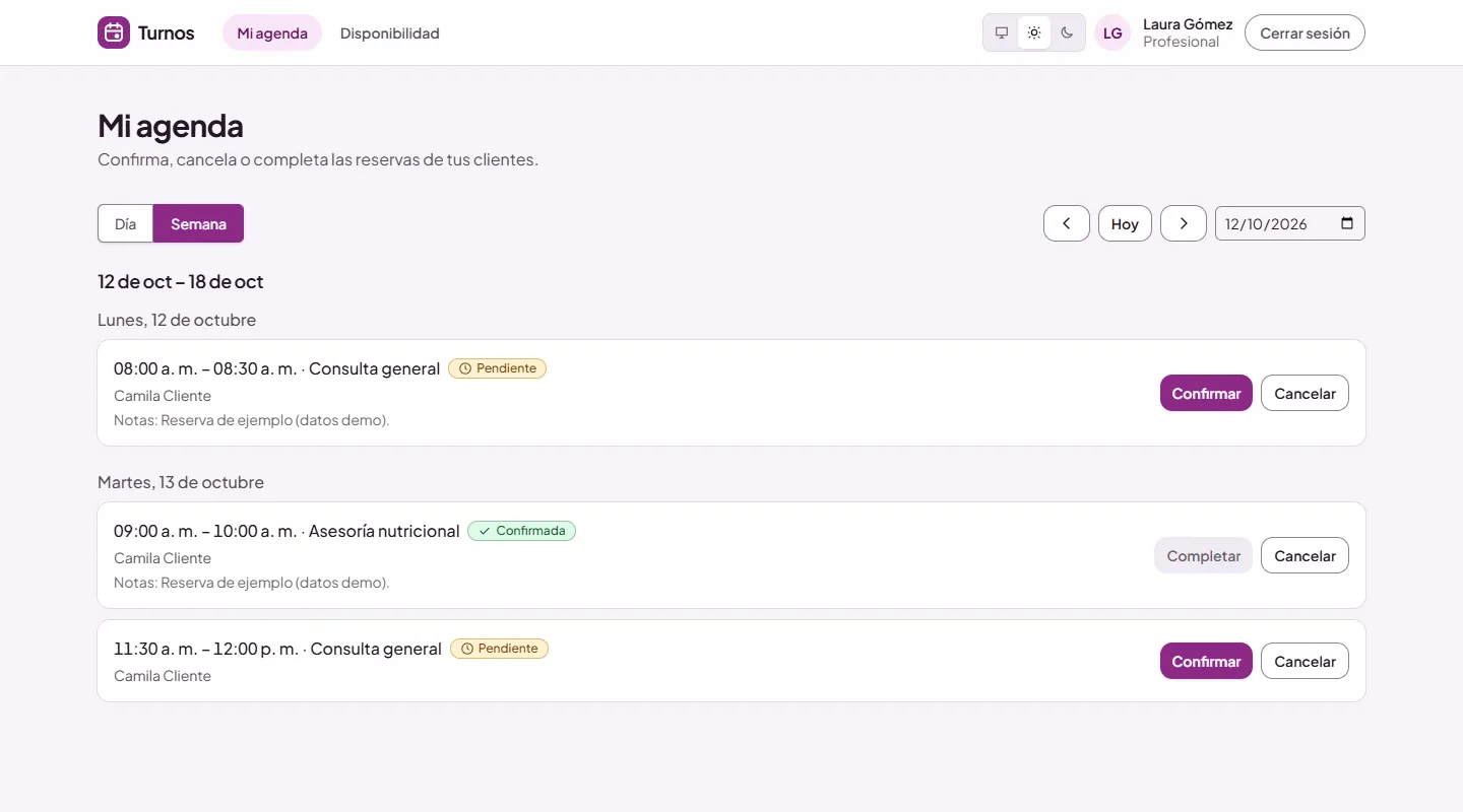 Agenda del profesional con vistas por día y semana.